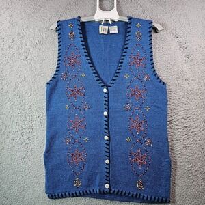 VTG IVY Sweater Vest Women Medum Silk Blend Bead Button Up‎  Blue